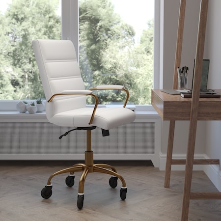 Flash Furniture White LeatherSoft Roller Wheel Executive Chair GO-2286M-WH-GLD-RLB-GG